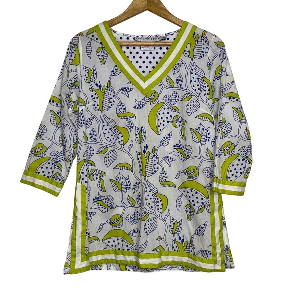Gretchen Scott Graphic Tunic Top Whimsical Lime Green Tea White Size S